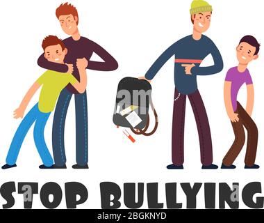 Stop bullismo concetto. Triste ragazzo indifeso. Persone e vittime negative. Problemi sociali sfondo vettoriale. Illustrazione di violenza e molestie, bull Illustrazione Vettoriale