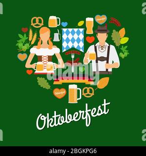 Oktoberfest elementi piatti a forma di cuore con luppolo, birra e avatar in abiti tradizionali tedeschi Illustrazione Vettoriale