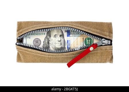 Cento banconote da dollaro in portafoglio aperto con zip su sfondo bianco isolato primo piano vista dall'alto, 100 dollari americani in borsa con zip Foto Stock