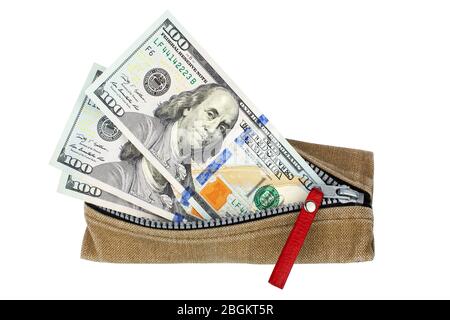 Cento banconote da dollaro in portafoglio aperto con zip su sfondo bianco isolato primo piano vista dall'alto, 100 dollari americani in borsa con zip Foto Stock