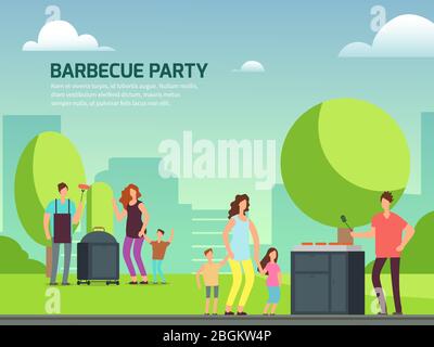 Banner design per barbecue party. Famiglie di personaggi cartoni animati nell'illustrazione vettoriale del parco Illustrazione Vettoriale