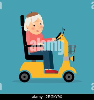 Donna anziana su scooter elettrico su ruota. Illustrazione vettoriale. Illustrazione Vettoriale