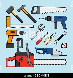 Icona degli attrezzi di riparazione e degli attrezzi da costruzione. Strumenti di lavoro colorati immagini su sfondo azzurro. Illustrazione vettoriale Illustrazione Vettoriale