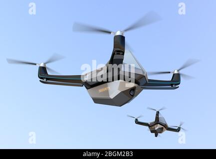 Droni elettrici di sicurezza che volano nel cielo. Immagine di rendering 3D. Foto Stock