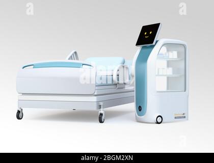 Robot e letto per consegna medica su sfondo grigio. Concetto di prevenzione delle infezioni. Immagine di rendering 3D. Foto Stock