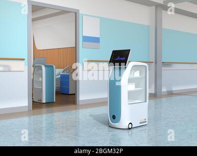 Robot per consegna medica che lavorano in ospedale. Concetto di prevenzione delle infezioni. Immagine di rendering 3D. Foto Stock