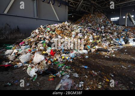 GRODNO, BIELORUSSIA - OTTOBRE 2018: Rifiuti presso l'impianto di trattamento dei rifiuti, enormi quantità di rifiuti preparati per il carico sul nastro trasportatore per ulteriori smistamento e Foto Stock