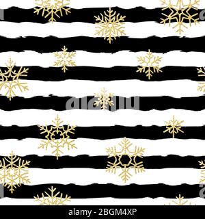 Design del motivo senza cuciture. Fiocchi di neve scintillanti in oro su sfondo nero e bianco a righe. EPS 10 Illustrazione Vettoriale