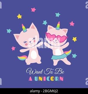 Divertente animale domestico bianco gatto unicorn. Grafica vettoriale cute banner e poster per bambini illustrazione Illustrazione Vettoriale