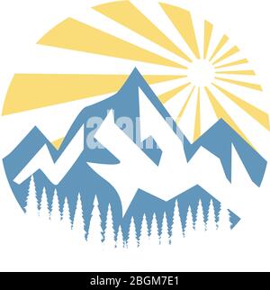 Montagna di ghiaccio con pineta e logo alba Illustrazione Vettoriale