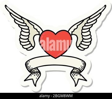 adesivo in stile tatuaggio con banner di un cuore con ali Illustrazione Vettoriale