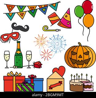 Eventi di compleanno e di festa icone coloterde linea sottile. Illustrazione vettoriale Illustrazione Vettoriale