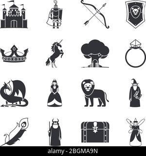 Icone da favola o fantasy. Castello e spada, cavaliere e principessa, drago e corona. Illustrazione vettoriale Illustrazione Vettoriale