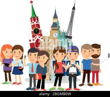 Autoritratto da viaggio. Persone che prendono selfie di fronte ai luoghi di interesse. Torre Eiffel, Big ben, visita turistica del Cremlino. Illustrazione vettoriale. Illustrazione Vettoriale