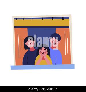 Rimanere a casa banner motivazionale. Persone in finestre che rimangono a casa a causa di quarantena, lavoro, studio, suonare la chitarra, leggere. Illustrazione Vettoriale