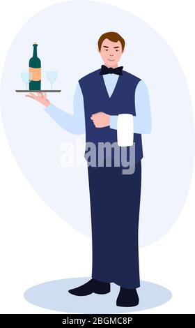 Cameriere con vassoio UNA bottiglia di vino e bicchieri illustrazione vettoriale dalla collezione di professioni. Illustrazione di cartoni animati piatti isolata su bianco Illustrazione Vettoriale