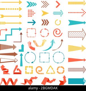 Frecce e indicazioni in stile piatto. Frecce colorate vettoriali su sfondo bianco Illustrazione Vettoriale