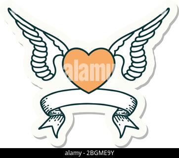 adesivo in stile tatuaggio con banner di un cuore con ali Illustrazione Vettoriale