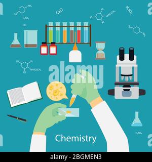 Icone di concetto di esperimento scientifico o laboratorio chimico su sfondo blu. Illustrazione vettoriale Illustrazione Vettoriale