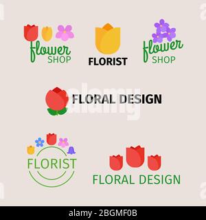 Loghi floreali e giardinaggio. Icone di design per fioraio e negozio di fiori. Illustrazione vettoriale. Illustrazione Vettoriale