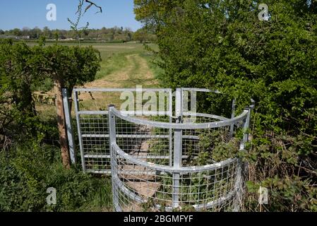 Un nuovo cancello oscillante in metallo installato in un hedgerow su un sentiero pubblico nei campi vicino Redditch, Worcestershire, Foto Stock