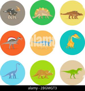 Dinosauri piatti icone colorate. Diversi tipi di dinosauri in cerchi colorati. Illustrazione vettoriale Illustrazione Vettoriale