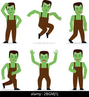 Frankenstein mostro in diverse pose. Masquerade festa costume di Halloween. Illustrazione vettoriale. Illustrazione Vettoriale