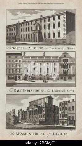 CITTÀ DI LONDRA. South Sea, East India & Mansion House. THORNTON 1784 stampa vecchia Foto Stock