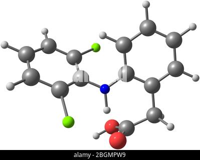 Il diclofenac è un farmaco antinfiammatorio non steroideo assunto o applicato per ridurre l'infiammazione e come analgesico che riduce il dolore in certe condizioni. 3 Foto Stock