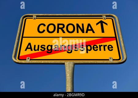 Composizione digitale, immagine simbolica, simbolo del nome della località, eliminazione o allentamento del divieto di contatto e del coprifuoco, Coronavirus, Covid-19, Germania Foto Stock