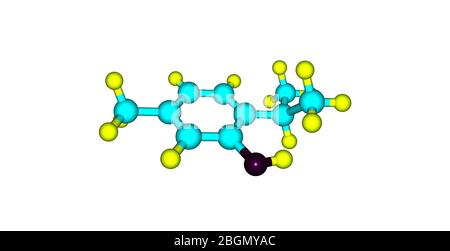 Il timolo o 2-isopropil-5-metilfenolo è un derivato naturale del fenolo monoterpenico del cymene, C10H14O, isomerico con carvacrolo, trovato in olio di timo. 3d Foto Stock