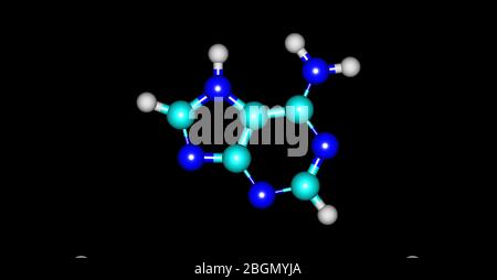 L'adenina è una delle due purine nucleobasi, l'altra è la guanina, utilizzata nella formazione di nucleotidi degli acidi nucleici. illustrazione 3d Foto Stock