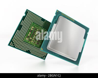 Lato anteriore e posteriore della CPU isolato su sfondo bianco. Illustrazione 3D. Foto Stock