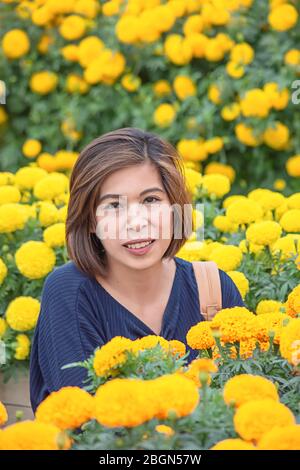 Donna in giallo Marigold fiori giardino o Tagetes erecta in giardino Foto Stock