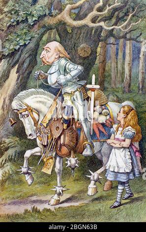 IL CAVALIERE BIANCO da Lewis Carroll's attraverso il vetro che guarda. Una versione a 1872 colori dell'incisione di John Tenniel del 1871. Foto Stock