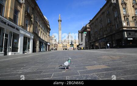 Il monumento di Gray si trova in cima a una strada vuota a Newcastle upon Tyne, mentre i negozi e le attività rimangono chiusi e la popolazione in blocco nella continua lotta del Regno Unito contro il coronavirus. Foto Stock