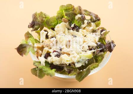 Insalata di mele Waldorf, uvetta di noci, lattuga e maionese Foto Stock