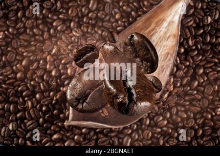 concetto di chicchi di caffè cadenti, primo piano di chicchi di caffè appena tostati che volano su sfondo scuro Foto Stock