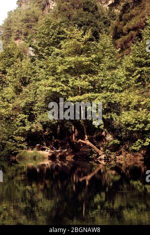 Natura in Libano montagne fiumi Chowein lago Jabal Moussa riserva livello degli occhi paesaggio impressionante adagiato in un piccolo kayak rilassante e godere Foto Stock
