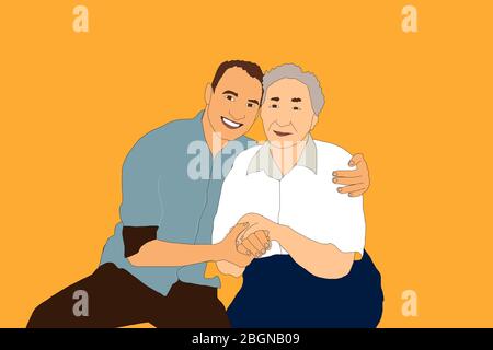 Cresciuto fino nipoti concetto illustrazione con nonna e suo nipote adulto in piedi insieme. Grafica su anziani o anziani volontariato assistenza Foto Stock