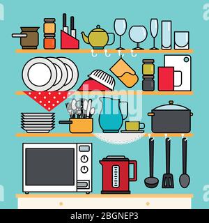 Mensole da cucina con utensili da cucina. Utensili da cucina vettoriali Illustrazione Vettoriale