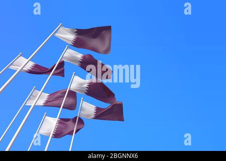 Bandiere del Qatar che sventolano contro un cielo blu. Rendering 3D Foto Stock