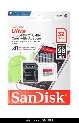 Scheda SanDisk Micro SD e adattatore Foto Stock