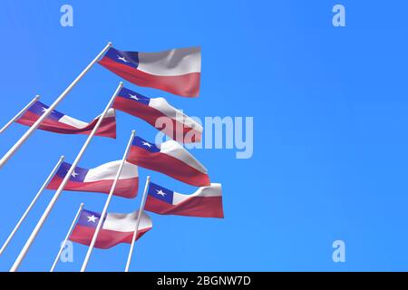 Le bandiere del Cile sventolano contro un cielo blu. Rendering 3D Foto Stock