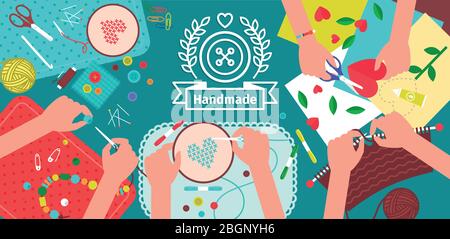 Banner creativo per workshop fatto a mano. Sfondo fatto a mano e creatività. Illustrazione vettoriale Illustrazione Vettoriale