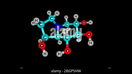 Castanospermina è un alcaloide dell'indolizidina. È un potente inibitore di alcuni enzimi glucosidasi ed ha attività antivirale. illustrazione 3d Foto Stock