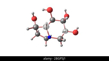 Castanospermina è un alcaloide dell'indolizidina. È un potente inibitore di alcuni enzimi glucosidasi ed ha attività antivirale. illustrazione 3d Foto Stock