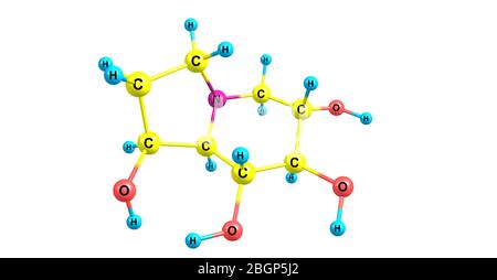 Castanospermina è un alcaloide dell'indolizidina. È un potente inibitore di alcuni enzimi glucosidasi ed ha attività antivirale. illustrazione 3d Foto Stock