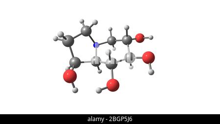 Castanospermina è un alcaloide dell'indolizidina. È un potente inibitore di alcuni enzimi glucosidasi ed ha attività antivirale. illustrazione 3d Foto Stock