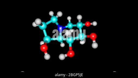 Castanospermina è un alcaloide dell'indolizidina. È un potente inibitore di alcuni enzimi glucosidasi ed ha attività antivirale. illustrazione 3d Foto Stock